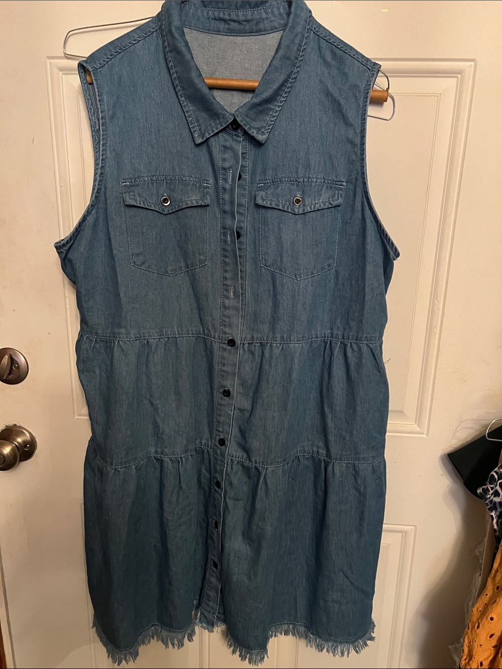 Source Unknown Sleeveless Chambray Tiered Mini Dress in Light Blue